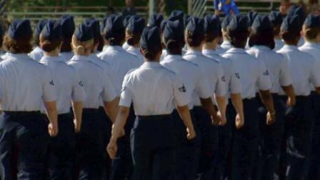 Female airmen march during graduation at Lackland Air Force Base in San Antonio.