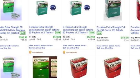 A screenshot taken from the auction website eBay on Tuesday, July 10, 2012, shows some winning bidders paid hundreds of dollars for 50 and 100 count boxes of Extra Strength Excedrin.