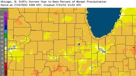 Weather service map shows 2012 rainfall deficits so far this year in terms of percent of normal. The shade of orange covering most of the maps means an area is 50-75 percent behind normal rainfall.