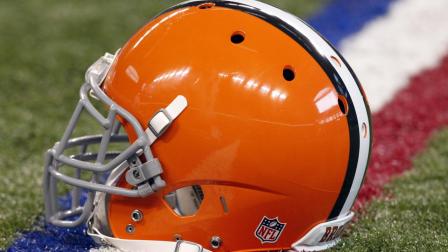 A Cleveland Browns helmet on the field before the start of an NFL football. (AP Photo/AJ Mast)