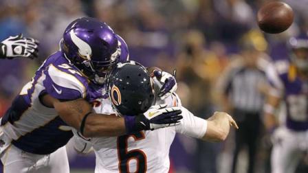 Chicago Bears quarterback Jay Cutler (6) gets hit by Minnesota Vikings defensive end Everson Griffen, left, after passing the ball during the second half of an NFL football game Sunday, Dec. 9, 2012, in Minneapolis. Griffen was called for a personal foul on the play. (AP Photo/Genevieve Ross)