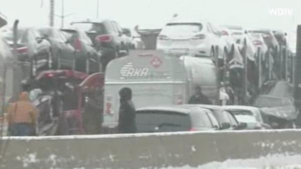 At least two dozen vehicles were involved in a chain reaction crash on Interstate 75 in Detroit, Michigan, Thursday, January 31, 2013.