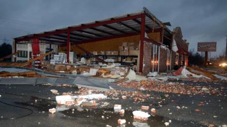 A business at 5133 Lincoln Road Extension in Hattiesburg, Miss., is damaged after an apparent tornado Sunday, Feb. 10, 2013. Major damage was reported in Hattiesburg and Petal, including on the campus of the University of Southern Mississippi. (AP Photo/Chuck Cook)