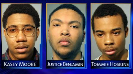 Authorities say Kasey Moore, Justice Benjamin, and Tommie Hoskins punched and kicked several party guests and stole their iPhones.