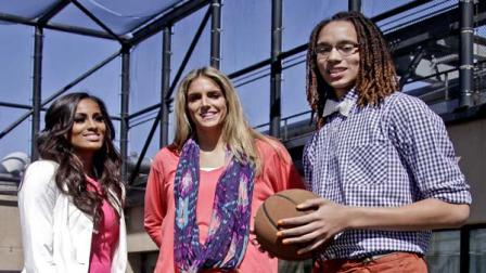Top WNBA draft picks, from left, Norte Dames Skylar Diggins, Delawares Elena Delle Donne and Baylors Brittney Griner pose following an interview at the Associated Press on Wednesday, April 17, 2013 in New York. Griner was the top pick and will play for the Phoenix Mercury; Delle Donne will play for the Chicago Sky; and Diggins will play for the Tulsa Shock. (AP Photo/Bebeto Matthews)