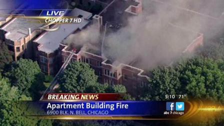 The apartment building fire started a short time ago in the 6900-block of North Bell on Chicagos North Side.