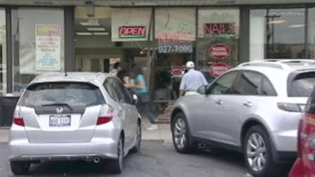 Three people were injured Tuesday when a car plowed through the front of a Southwest Side nail salon.