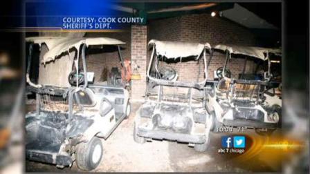 Forty five golf carts were destroyed Monday when the fire spread through Chick Evans Golf Course in Morton Grove. Authorities say a tiki torch was used to ignite the flames.