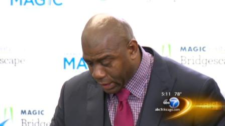Earvin Magic Johnson launched a school in Chicago to help at-risk kids. At the dedication Wednesday, the basketball legend was overcome by emotion.