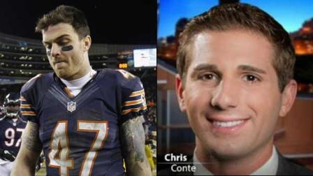 Chicago Bears safety Chris Conte (47) walks off the field after the Bears 33-28 loss to the Green Bay Packers in an NFL football game, Sunday, Dec. 29, 2013, in Chicago (AP Photo/Nam Y. Huh). On the right, Nashville TV reporter Chris Conte.