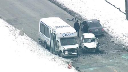 A small Pace bus collided with two cars in suburban Romeoville, killing one person.