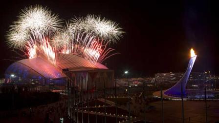 Fireworks explode seen over Olympic Park during the closing ceremony of the 2014 Winter Olympics, Sunday, Feb. 23, 2014, in Sochi, Russia. (AP Photo/Matt Slocum)