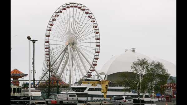 The Ferris wheel at Navy Pier along Chicagos lakefront is seen from the deck of an architectural tour boat on Saturday, May 3, 2008. (AP Photo/Nam Y. Huh)