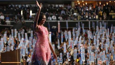 First lady Michelle Obama waves after addressing the Democratic National Convention in Charlotte, N.C., on Tuesday, Sept. 4, 2012.