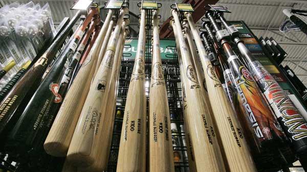 A display of wooden and aluminum baseball bats. (AP Photo/Gene J. Puskar)