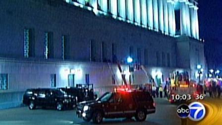 The Chicago Fire Department had to use an aerial tower with a basket to get the man who fell 50 feet at Soldier Field down.