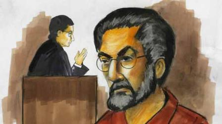 In this courtroom sketch, Tahawwur Hussain Rana, charged with plotting a terrorist attack on a Danish newspaper, appears before federal Magistrate Judge Nan Nolan on Wednesday, Dec. 2, 2009, in Chicago. Nolan, saying she wanted to study the evidence, postponed a decision on whether to set bond for Rana at least a week. (AP Photo/Verna Sadock)