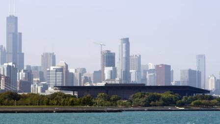 FILE - In this file photo, McCormick Place is seen against the Chicago Skyline.