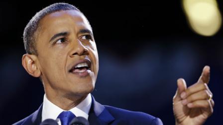 President Barack Obama speaks during an election night party in Chicago. Obama defeated Republican challenger and former Massachusetts Gov. Mitt Romney.