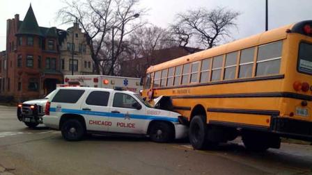 school bus and police SUV crash