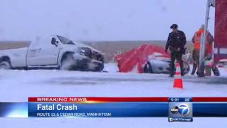 The snow is being blamed for a fatal crash Saturday in south suburban Manhattan at Route 52 and Cedar Road.