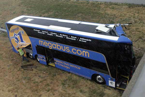 A double-decker Megabus traveling between...