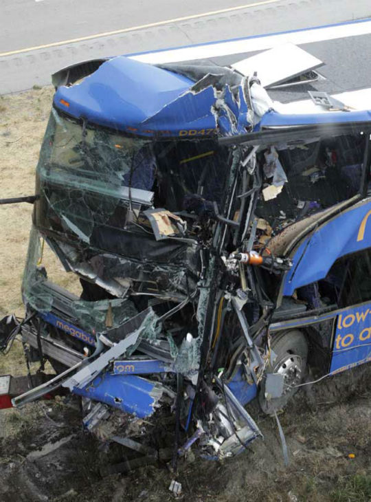 A double-decker Megabus traveling between...