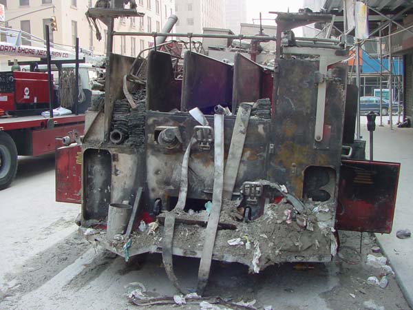 The back of a burned out fire truck

