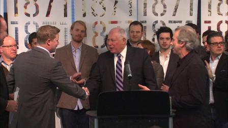 A milestone Tuesday for Chicagos leading tech startup incubator, 1871, as Governor Pat Quinn joined local entrepreneurs in celebrating the success stories at the startup hub, which opened in the Merchandise Mart 18 months ago.