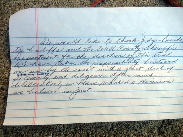 Photo of the Drew Peterson jurors' handwritten...