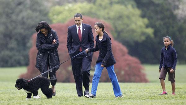 FILE- This April 14, 2009 file photo shows President Barack Obama, first lady Michelle Obama, and daughters Malia and Sasha Obama, walk with their 6-month-old Portuguese water dog Bo on the South Lawn at the White House in Washington. (AP Photo/Charles Dharapak, File)