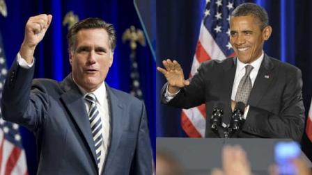 Photos of Mitt Romney, Barack Obama.