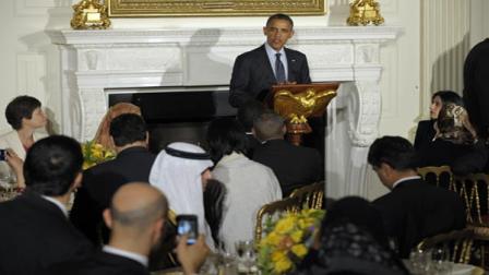 President Barack Obama celebrates the Islamic holy month of Ramadan by hosting an iftar dinner in the State Dining Room of the White House in Washington, Friday, Aug. 10, 2012.