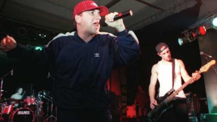 Jimmy Pop (left) and Evil Jared (right) of the Bloodhood Gang during a concert in Mannheim, Nov. 3, 1997. (FILE)