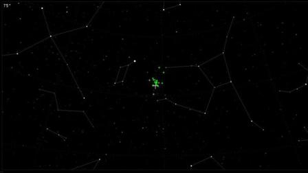 Lyrid radiants, seen April 20-21, 2013. The constellation Cygnus, also called the Northern cross, is at top left; Vega and the constellation Lyra are to the left of the radiant, shown with green +s; and the constellation Hercules is to the right. The white + shows the predicted shower radiant. 