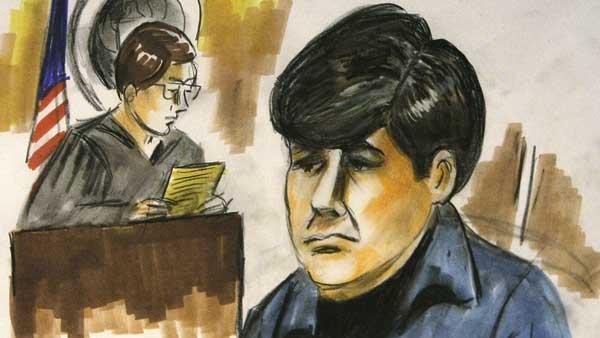 In this courtroom artists drawing, Illinois Gov. Rod Blagojevich stands before U.S. Magistrate Judge Jan Nolan in Chicago, Tuesday, Dec. 9, 2008. Blagojevich was arrested Tuesday by the FBI in Chicago which alleged he sought favors to influence his choice for President-elect Barack Obamas vacant Senate seat. (AP Photo/Verna Sadock)