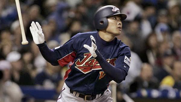 Japans Kosuke Fukudome watches his two-run home run against South Korea in the seventh inning of their 2006 World Baseball Classic semifinal game. (AP Photo/Chris Carlson)
