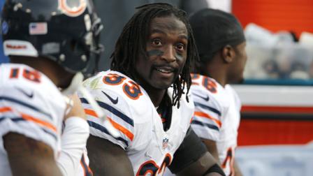 Chicago Bears cornerback Charles Tillman (33) looks at the scoreboard in the final moments of the fourth quarter of an NFL football game on Sunday, Nov. 4, 2012, in Nashville, Tenn. The Bears beat the Titans 51-20.