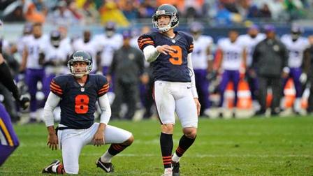 Chicago Bears kicker Robbie Gould (9) watches a field goal with holder Adam Podlesh (8) looking on during the first half of an NFL football game, Sunday, Sept. 15, 2013, in Chicago. (AP Photo/Jim Prisching)
