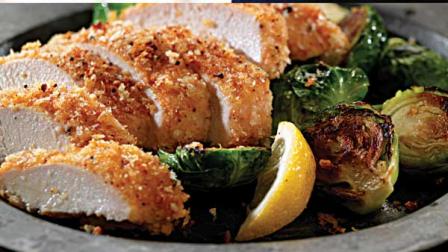 Plate Unfried Chicken with Roasted Brussels Sprouts
