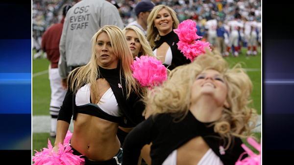 Philadelphia Eagles cheerleaders cheer on the sidelines during a NFL football game between the New York Giants and Philadelphia Eagles in the fourth quarter of an NFL football game in Philadelphia, Sunday, Nov. 1, 2009.