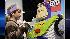 Children look at Buzz Lightyear made of LEGO...