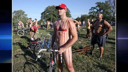 Cyclist Benjamin Palubinski waits to take part in the naked bike ride in Philadelphia on Sunday Sept. 5, 2010.