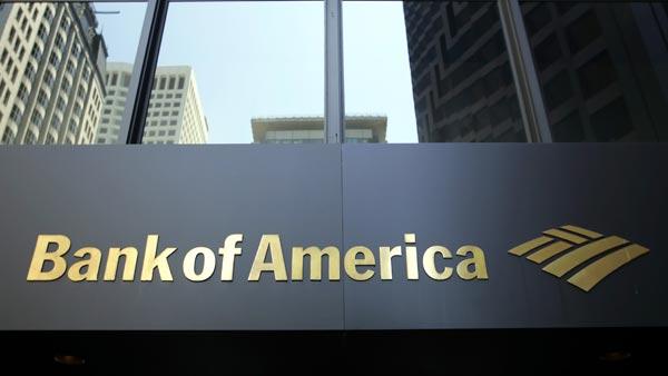 Bank of America sign is shown at a branch at the Bank of America Center in San Francisco