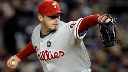Philadelphia Phillies Chad Durbin throws during the fifth inning of Game 6 of the Major League Baseball World Series against the New York Yankees Wednesday, Nov. 4, 2009, in New York. (AP Photo/Elise Amendola)