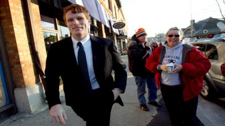 Joseph Kennedy III, left, walks toward the Newton Center Green Line MBTA Station, in Newton, Mass., to greet commuters Thursday, Feb. 16, 2012. Kennedy, who released a video announcement on his campaign website early Thursday, launched his campaign for the Massachusetts congressional seat now held by retiring U.S. Rep. Barney Frank. Kennedy is the son of former U.S. Rep. Joseph Kennedy II and a grandson of the late Robert F. Kennedy.