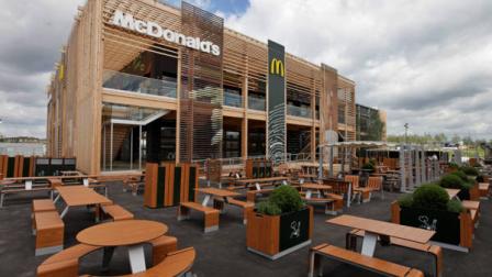 A view of the newly constructed McDonalds restaurant at the Olympic Park in east London, Monday, June 25, 2012. The restaurant is designed to be reusable and recyclable after the London 2012 Olympic and Paralympic Games. (AP Photo/Lefteris Pitarakis)