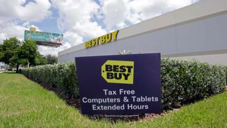 A Best Buy store displays a sign as it prepares for the back-to-school sales tax holiday in Hialeah, Fla., Thursday, Aug. 1, 2013. (AP Photo/Alan Diaz)