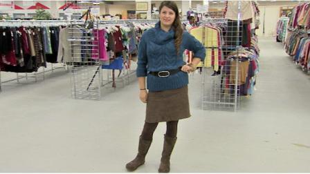 Abbey has a blue sweater by Ruff Hewn, Ralph Lauren corduroy skirt, leggings from Old Navy, Ugg boots. Impact price: $33, regular retail: $293.