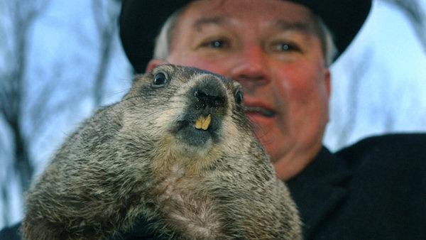 2005: Handler Bill Deeley holds Punxsutawney Phil, their weather predicting groundhog after the reading of the proclamation that there would be six more weeks of winter after seeing his shadow in Puxsutawney, Pa. on Wednesday, Feb. 2, 2005 (AP Photo/Keith Srakocic)